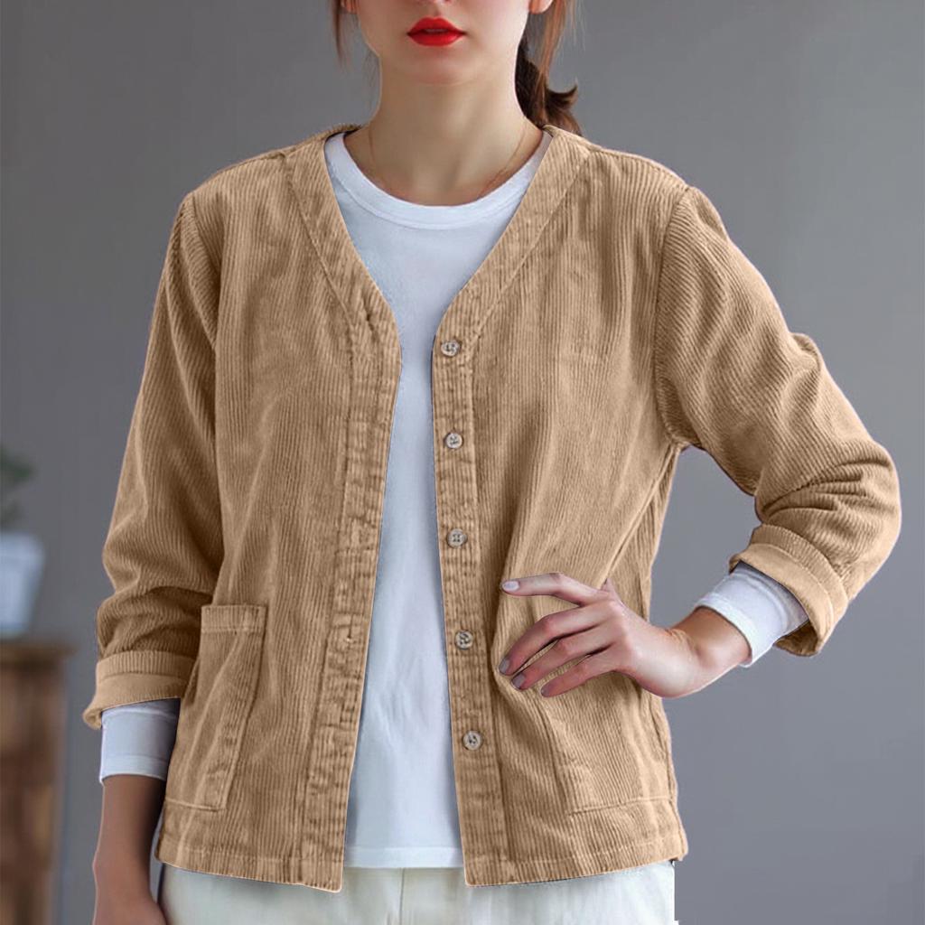 Women's Retro Corduroy Cardigan Loose V-neck Striped Velvet Shirt Top Jacket