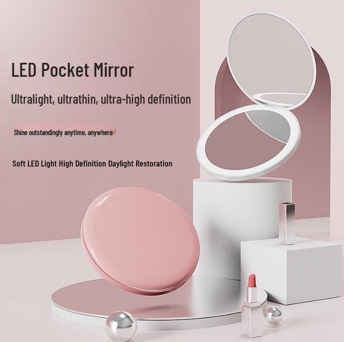 Compact Rechargeable Cosmetic Bag with LED and Foldable Handheld Makeup Mirror for Female Students