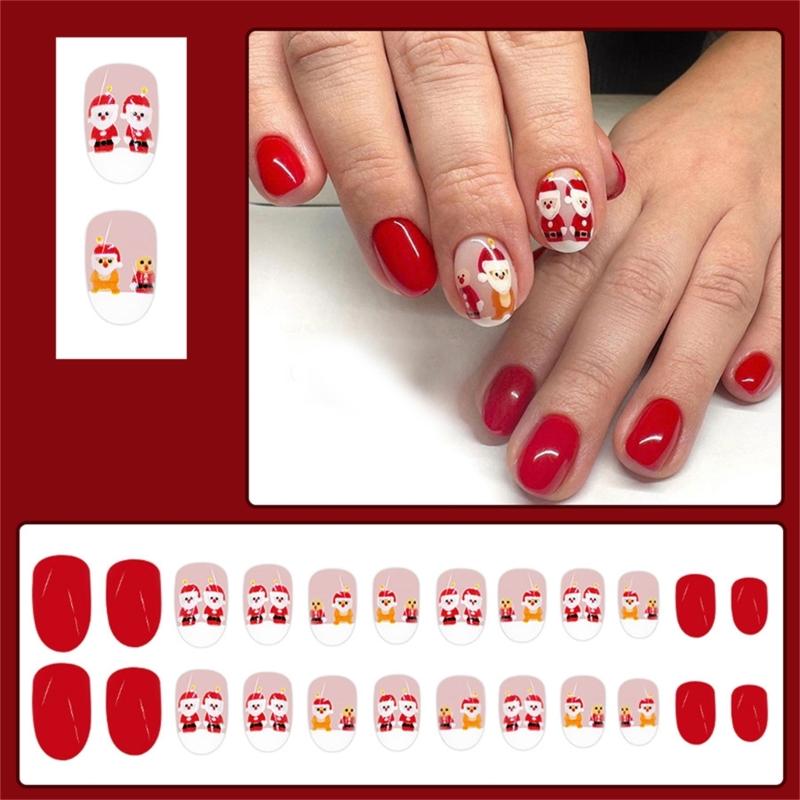 24x Kurze Falsche Nägel Weihnachten Press-On Nägel Vollabdeckung Aufkleb-Nägel Weihnachtsmann Künstliche Nägel Maniküre Zubehör