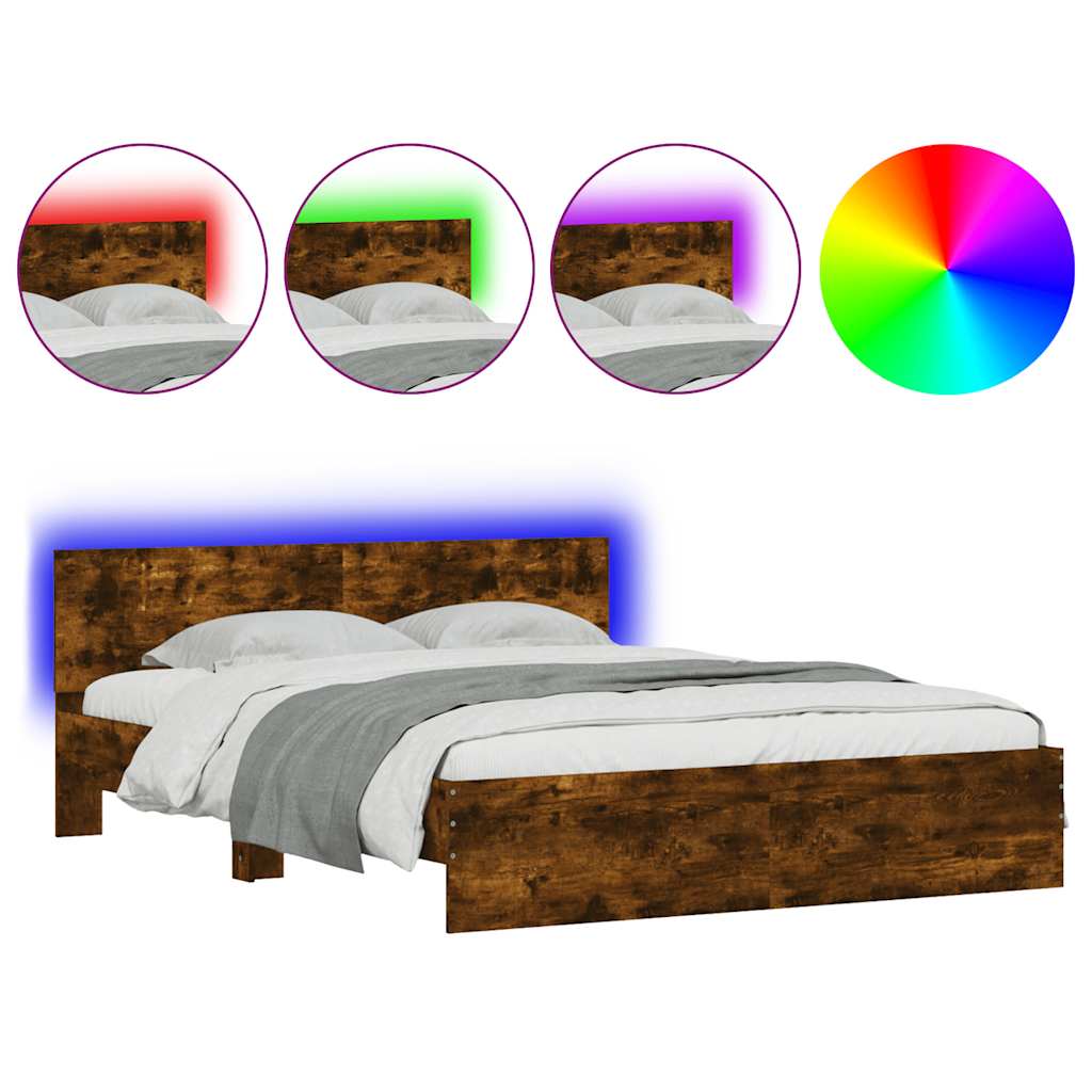 Bed Frame with LED Lit Headboard Smoked Oak Finish 150x200 cm