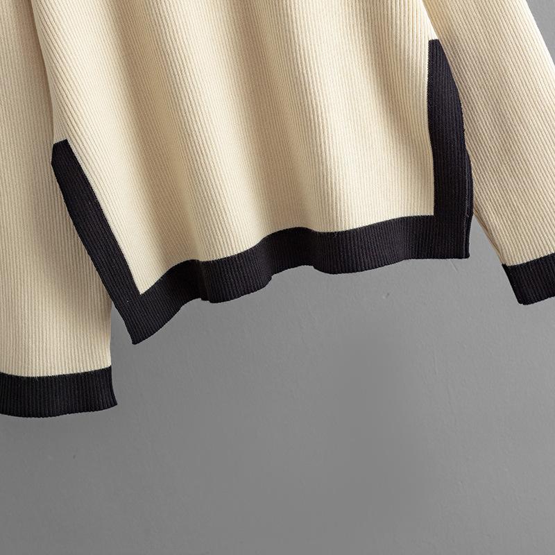 GMXIA Knitwear Set for Women's Autumn Design: A Two-piece Outfit Featuring A Contrasting Color Round-neck Top and A Slit Skirt, Exuding Elegance