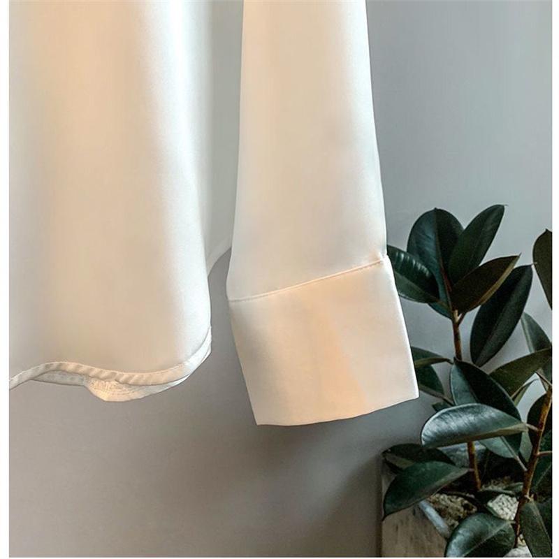 Frühling Herbst Revers Satin Blusen Solide Weiß Langarm Shirt Damen Büro Bluse Fashion Top