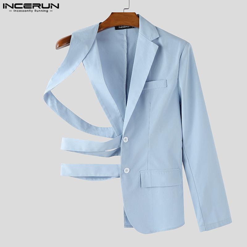 INCERUN Men One Shoulder Long Sleeve Button Cutout Bandage Blazer Irregular Coats