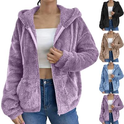Damenmode Lässig Einfarbig Tasche Kapuze Reißverschluss Pullover Locker Flauschige Oberbekleidung