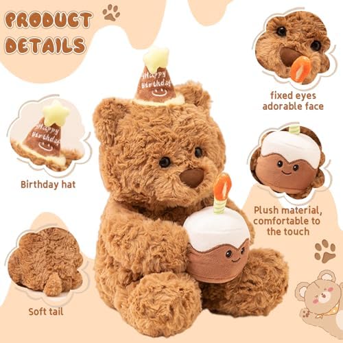 LIULINY 30cm Teddy Bear Plush Toy with Hat & Cake, Soft Cuddly Stuffed Animal Doll, Birthday Christmas Gift for Girls Boys Kids Party