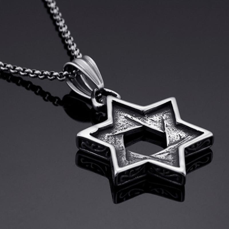 Stainless Steel Hexagram Pendant Necklace Men's Vintage Hollow Out Charms Accessories Zirconia Star Sweater Chain Jewelry