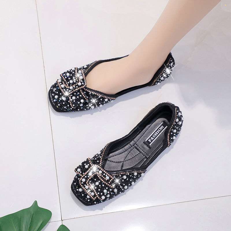 Shoes Women's 2025 New Korean Version Shallow Mouth One-pedal Single Shoes Women's Pearl Rhinestone Women's Shoes Single Shoes Evening Shoes Soft Sole