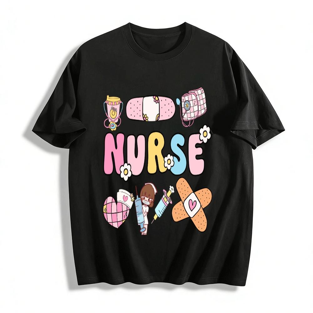 Cute Nurse Themed Print Casual Loose Fit Daily T-Shirt For Women Pure cotton T-shirt XXS
