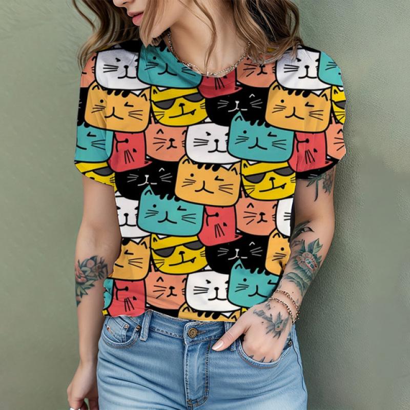 

2024 Новая модная женская футболка с милым котом и принтом, с коротким рукавом и круглым вырезом, футболка с забавным узором, летние домашние повседневные женские топы 4XL