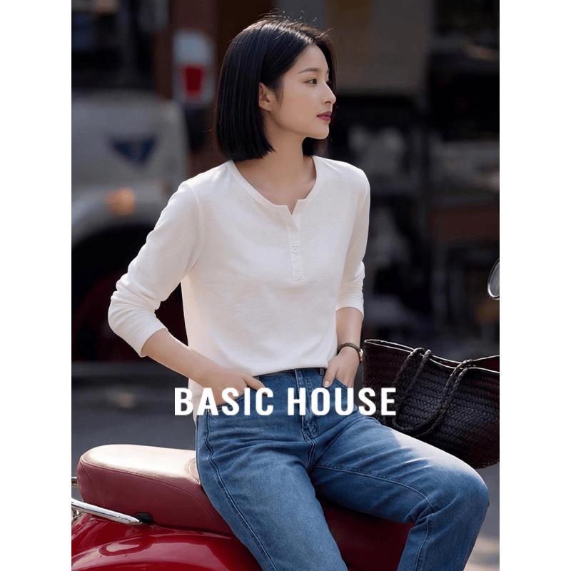 Basic House Women s Half-Open Collar Long-Sleeve T-Shirt One Size