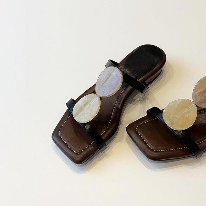 Sheepskin version~ New one-word with square head, open-toed cool slippers, women's retro flat-bottomed slippers