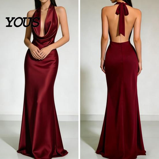 Party Dress Casual Women Sexy Backless Maxi Dress, Deep V Neck Sleeveless Versatile Halter Satin Long Formal Evening Mermaid Gown