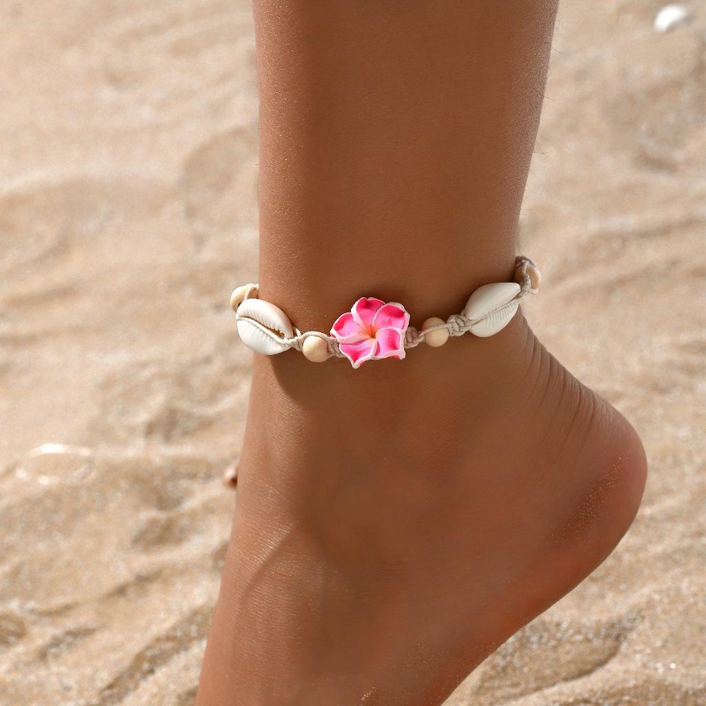Soft Pottery Egg Flower Shell Hand-woven Necklace Bracelet Anklet Set Pink Beach Wind 18 Hours Delivery
