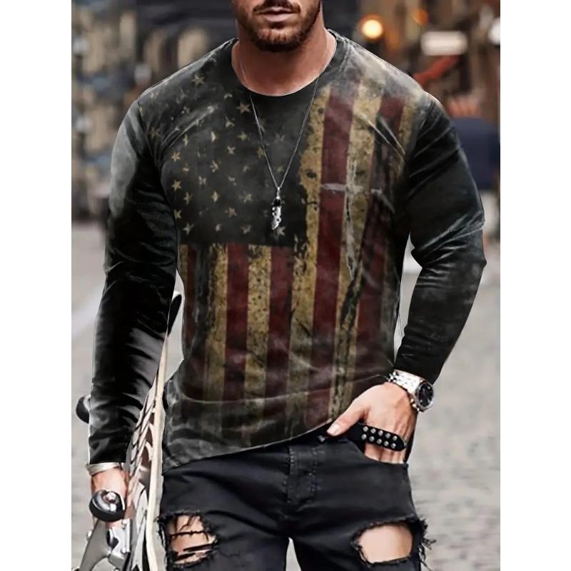 

Мужские футболки с круглым вырезом, 3D-принтом американского флага, повседневные, с длинным рукавом - Мягкая полиэстеровая ткань средней эластичности, одежда для весны и осени, свободного кроя 5XL