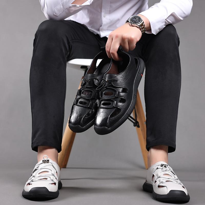 Fashion 2024 New Design Mens Sandals Summer   Slippers Casual Outdoor Beach Shoes Leather   Breathable Hollow Out Flat
