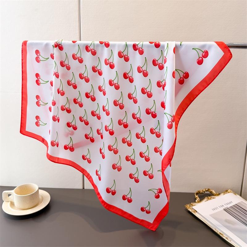 Luxury Square Silk Scarf Women Cute Fruit Cherry Pattern Shawls and Wraps Fashion Small Bag Scarves Hair Tie Bandanas 70*70Cm