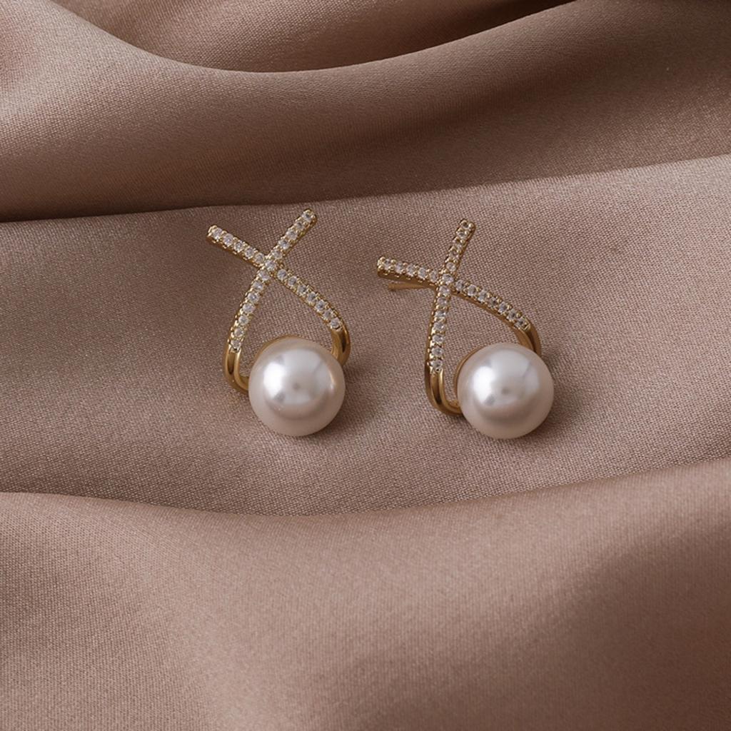 X Letter Pearl Cross Earrings Light Luxury Fashion Temperament Net Red Earrings Female