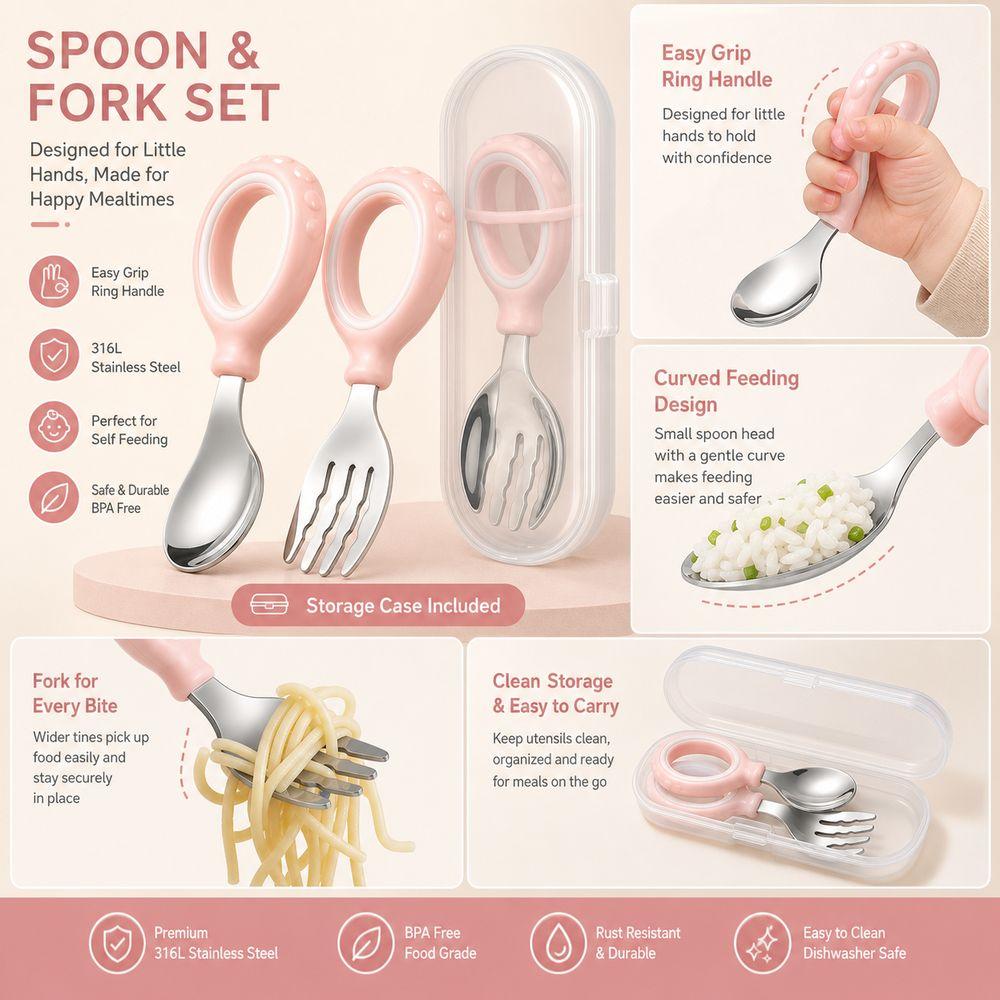 Easy Grip Toddler Utensil Set 316L Stainless Steel Kids Spoon Fork  Baby Feeding