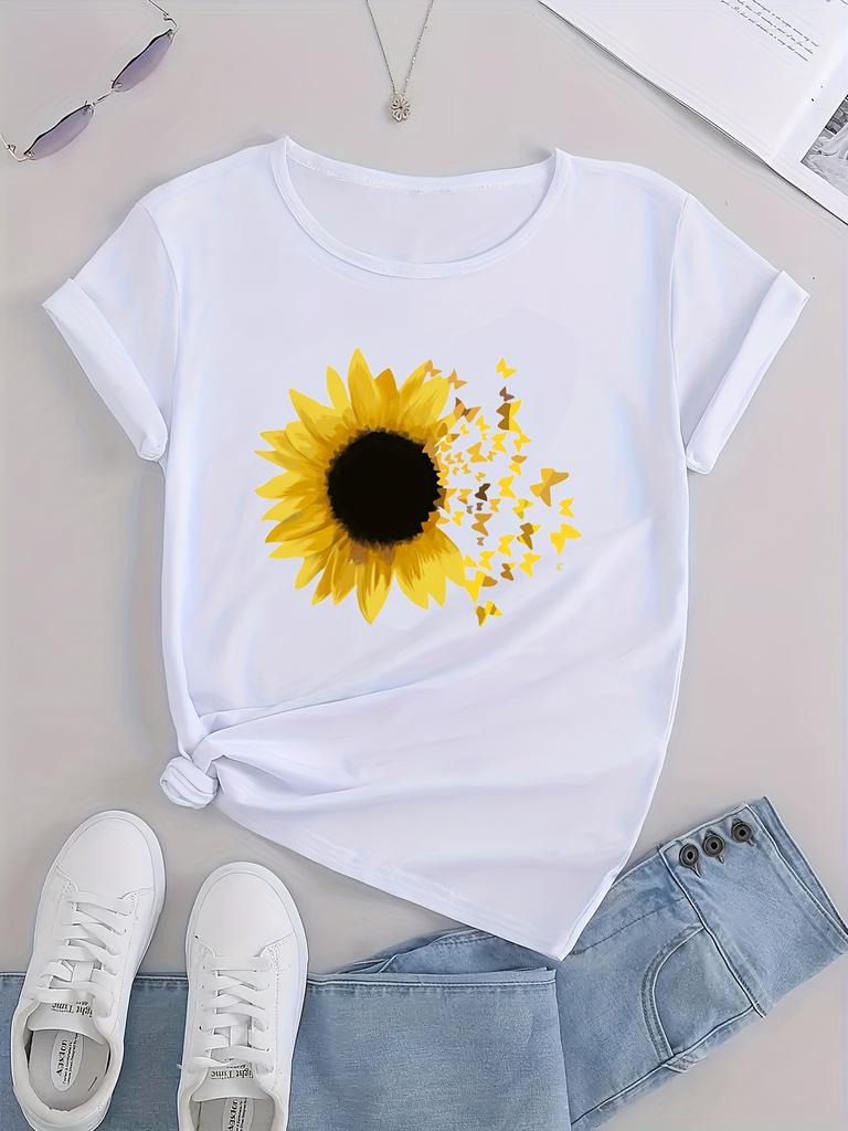 Butterfly Print Casual Sports Tops for Running Women's Summer Fashion Sunflower Graphic Sports Short Sleeve T-shirts