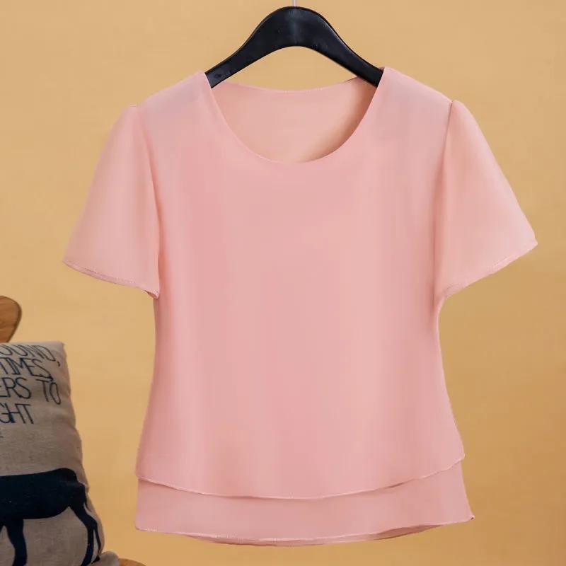 Chemise en mousseline de soie pour femme, manches courtes, grande taille, haut ample, été L rose