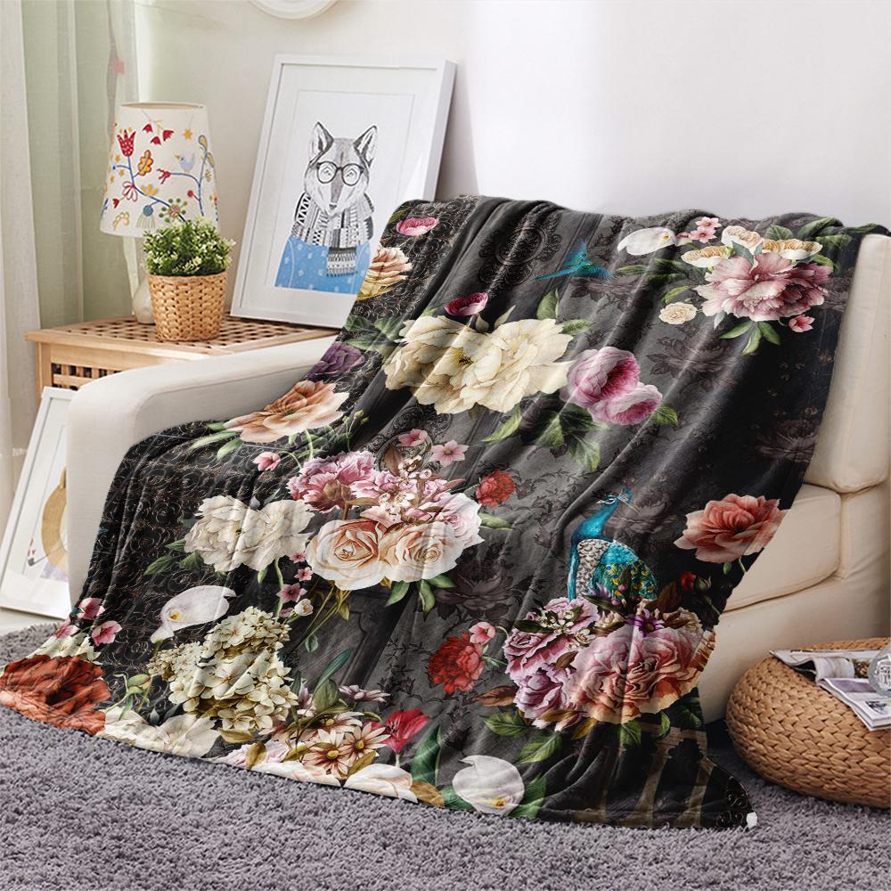 1Pc Vintage Floral Bird Print Flannel Blanket, High quality Comfortable for All Seasons, Home Decor, Warmth and Comfort, Perfect for Gifts