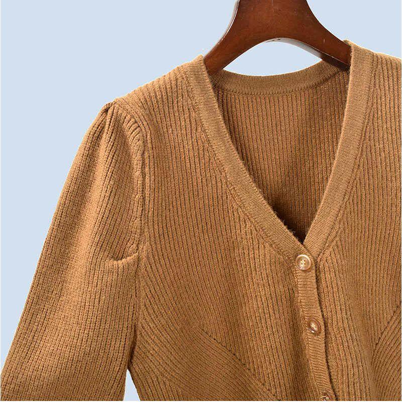 Puff Sleeves Short V-neck Sweater Female Fall and Winter K-style Classic Style Silm Long Sleeves Knitting Cardigan Outerwear Top