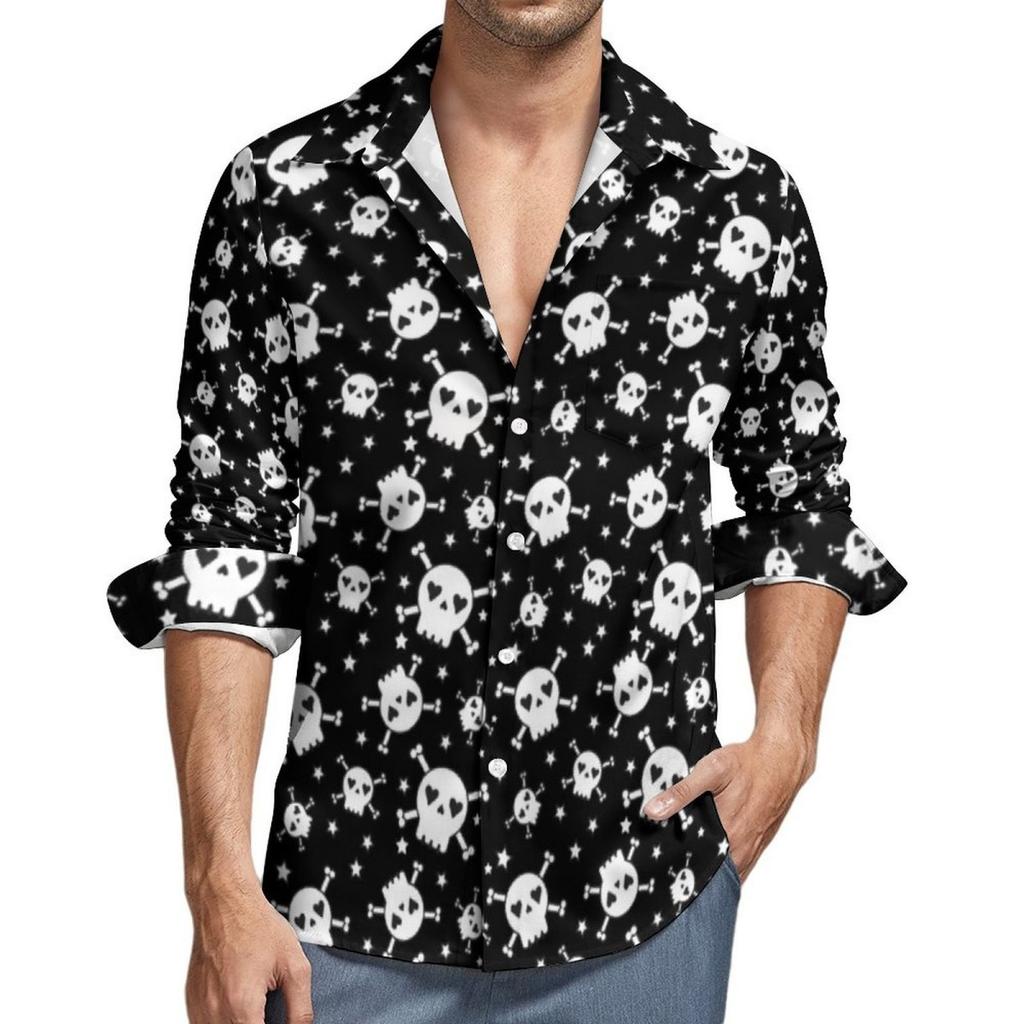 Skull Print Long Sleeve Shirt, Men's Fashion Casual Button-Up Shirt