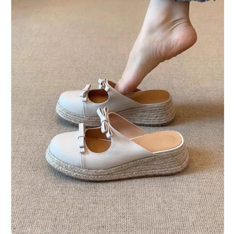 

Straw thick-soled fisherman s shoes women s summer new heightening bow shallow mouth one-word bag head slippers 40