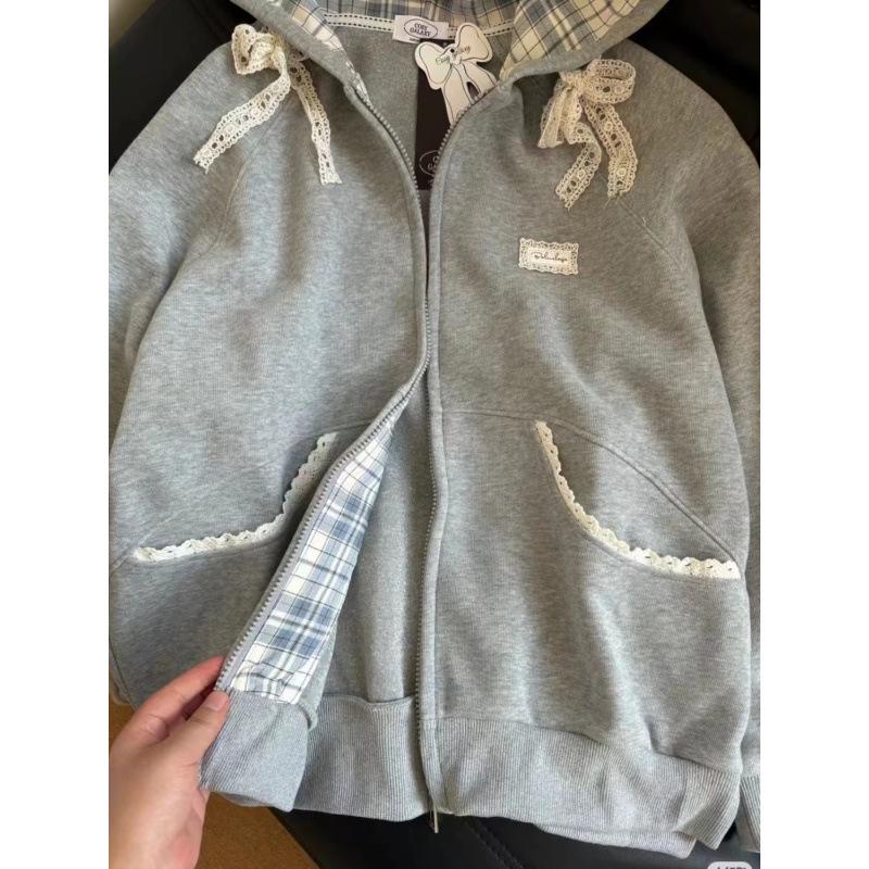Women's Oversized Plaid Lace Hooded Sweatshirt - Retro Ballet Style Cardigan for Spring/Autumn 2024