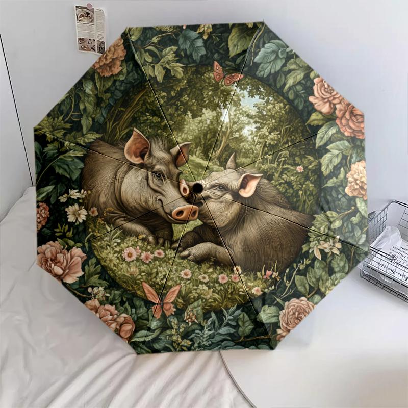 

Warthog and Flower pattern, automatic folding umbrella, portable and foldable design, 8 ribs, a Christmas or birthday gift.