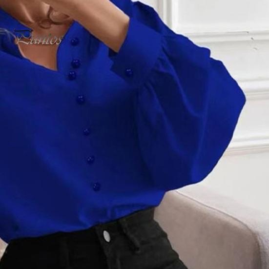 Women Shirt Stand Collar Lantern Long Sleeve Single Breasted Shirt Tops Solid Color Loose Fit Casual Shirt