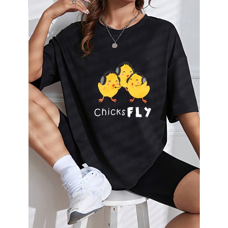 Cotton T Shirt White Three Chicks With Headphones And Fly Text Casual Wear For Women Spring Summer Outfits