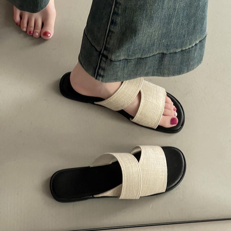 Stylish, simple and versatile linen square-headed open-toed flat-bottomed slippers for women's 2025 summer outdoor wear home beach cool slippers