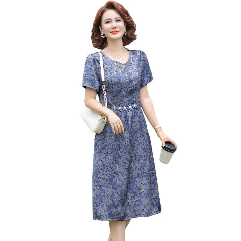 Blue Floral Print Slimming Dress for Middle-Aged and Elderly Women - Summer 2026 Fashion