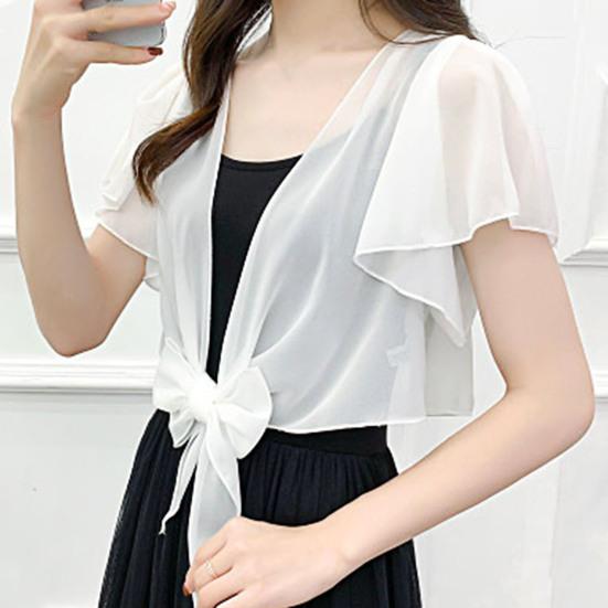 Ruffle Sleeve See-Through Front Lace-up Lady Cover-Up Chiffon Short Jacket Sunscreen