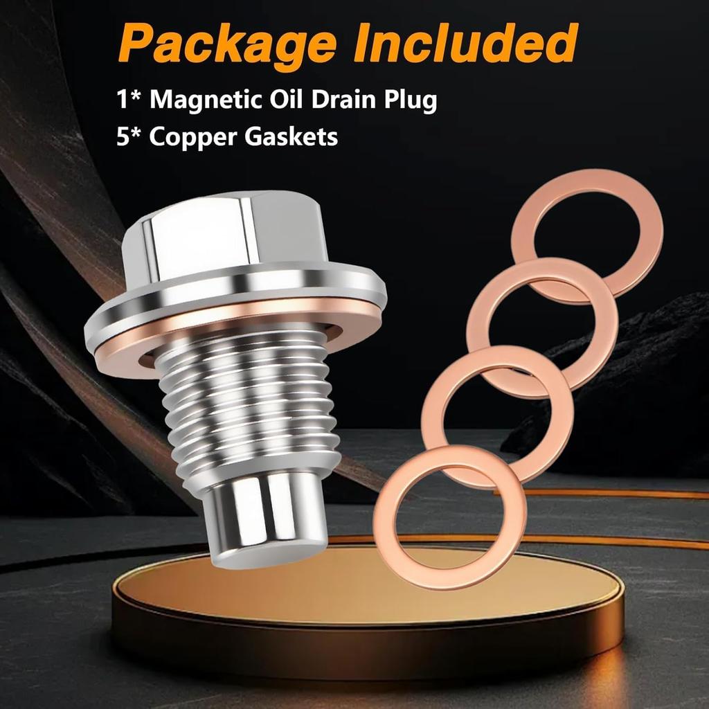 M12*1.25 Stainless Steel Magnetic Oil Drain Plug (with Extra 4 Copper Gaskets), Oil Pan Drain Nut Bolt, Anti Leakage Seal Compatible with Most Cars,