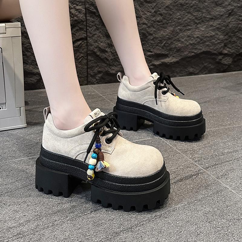 Fashion Women's Leather Sneakers New 2025 Spring High Platform Lace-up Casual Shoes Thick Sole 9CM Heels Walking Shoes Zapatos Mujer