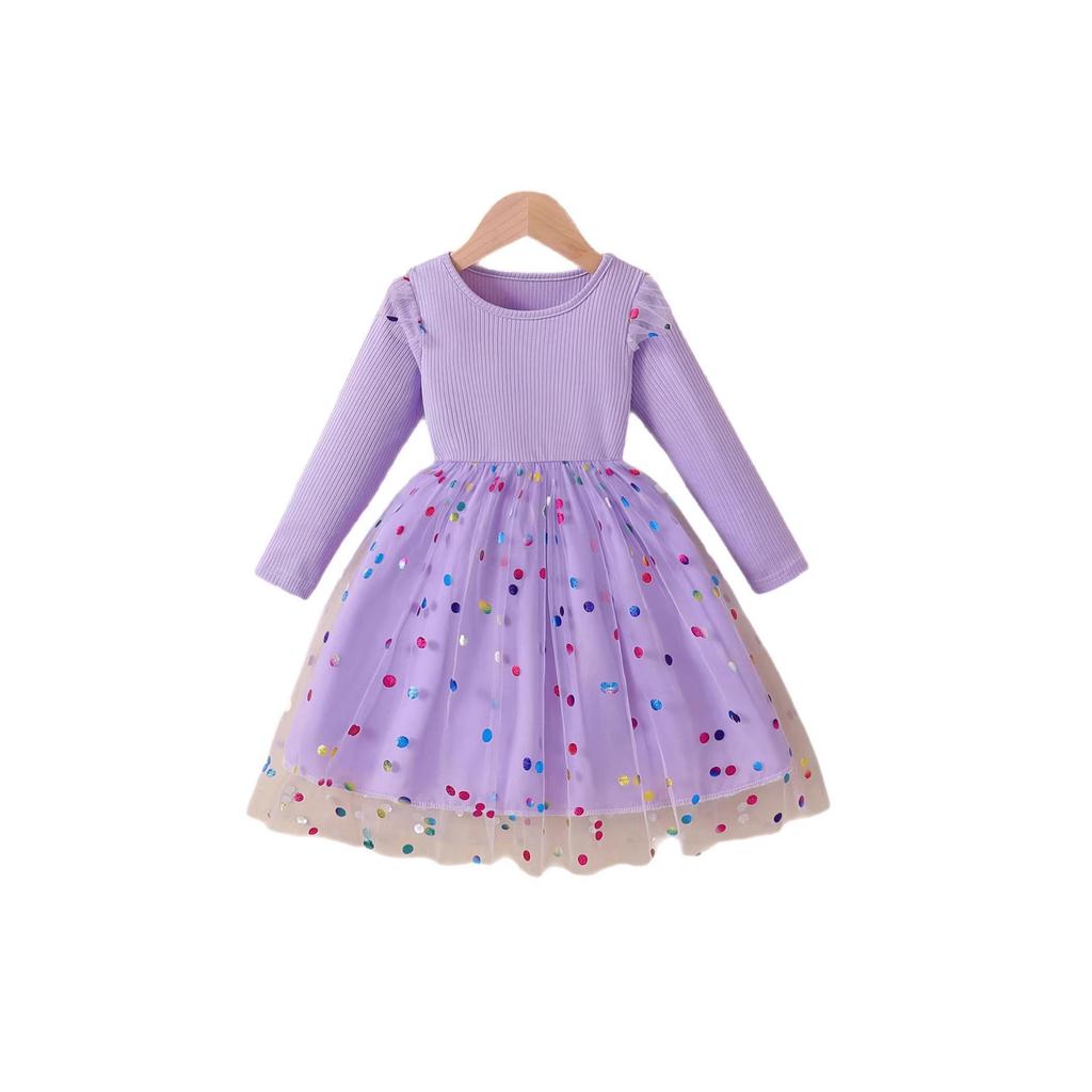 Sweet Girls' Dress Spring/Fall Children's Fashion Long-Sleeve Sequin Mesh Dress