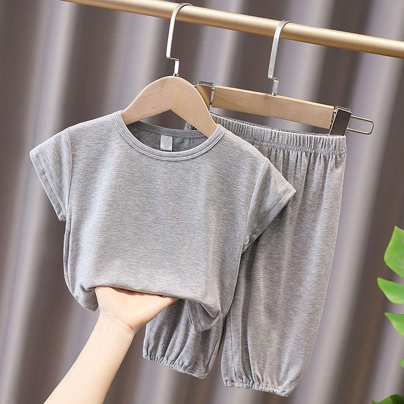Children's Solid Color Short Sleeved Pants Set Summer Thin Home Clothes Men's and Women's Sleepwear Mosquito Repellent Pants Two-piece Set