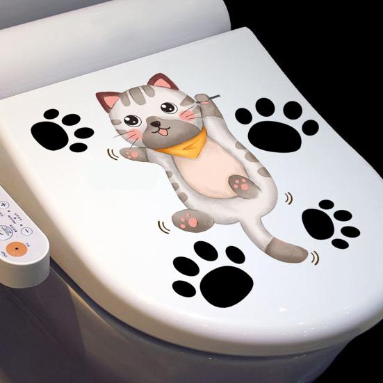 Kreslená nálepka na kočičí toaletu Odnímatelná samolepicí vodotěsná PVC Obývací pokoj Koupelna Nástěnné umění Kotě Paw Dekorace na víko toalety