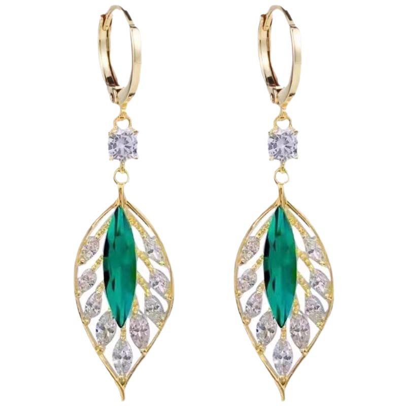 2024 Shining Zircon Green Leaf Earrings: Luxury & Trendy Women's Ear Buckles