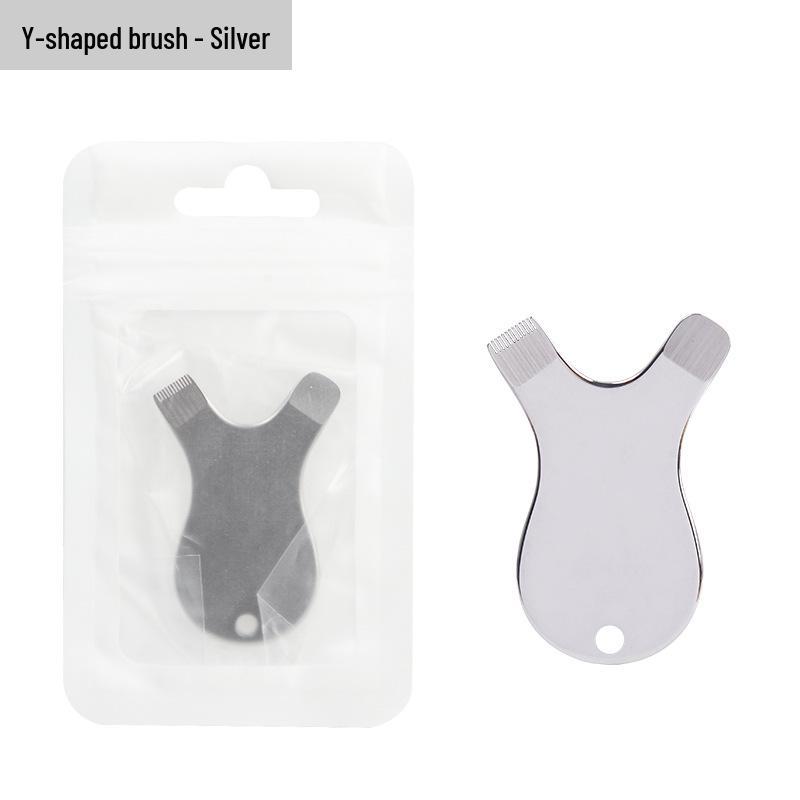 Stainless Steel Y-Shaped Eyelash Extension & Perm Comb with Small Eyebrow Brush.