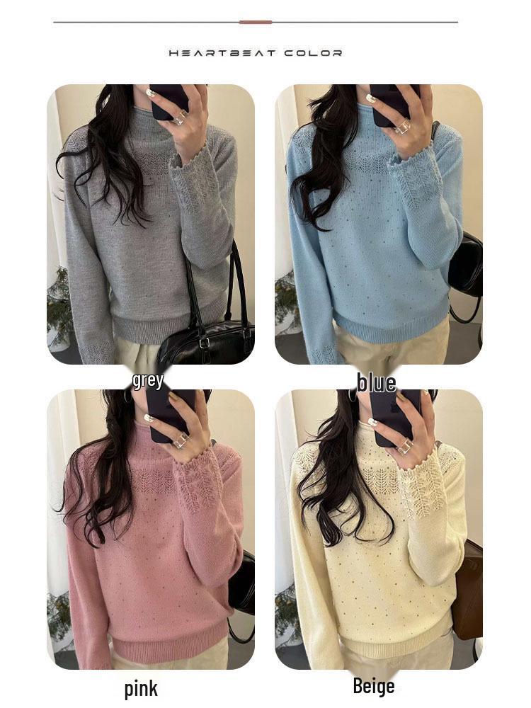 Women's French Rhinestone Half-High Neck Sweater - Stylish Slimming Autumn Winter Knit Top