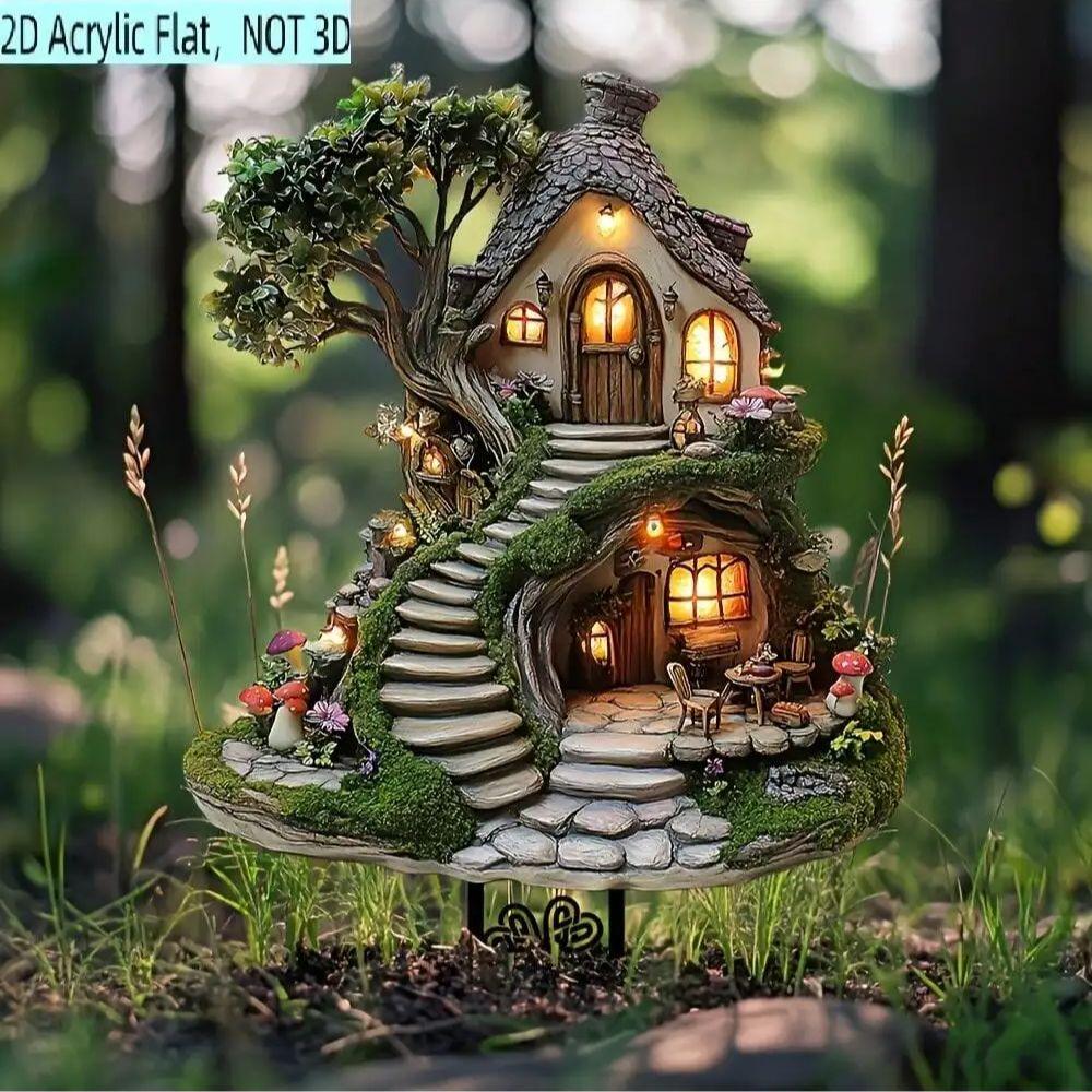 1 skurriler Acryl-Baumhaus-Gartenstecker - bezaubernde Außendekoration, geeignet für Topfpflanzen und Blumenbeetdekoration