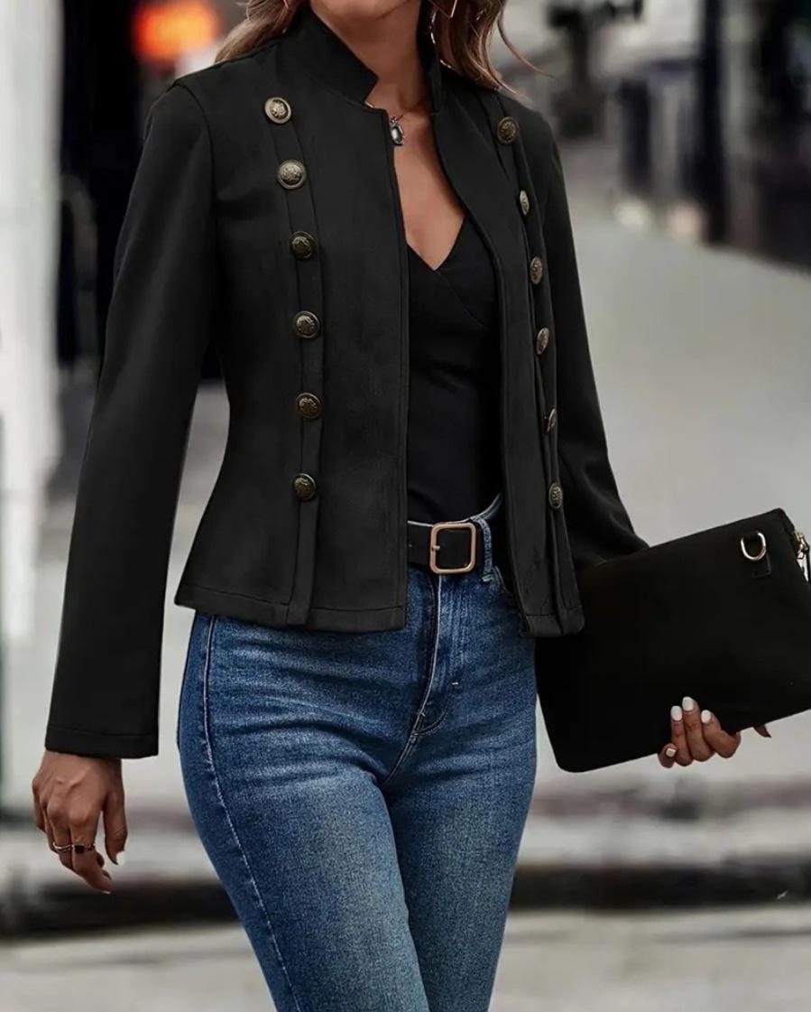 Women S Vintage Long Sleeve Solid Color Double Breasted Jacket S чёрный