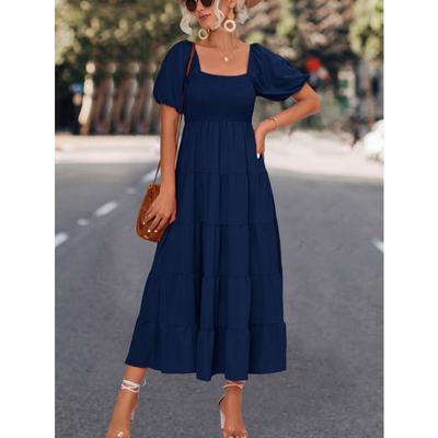 Short Sleeve Square Collar Summer Dress Women Fashion Pleated Elegant Ruffled Long Dresses Women Hight Waist Loose A-line Ladies Dress Clothes 809