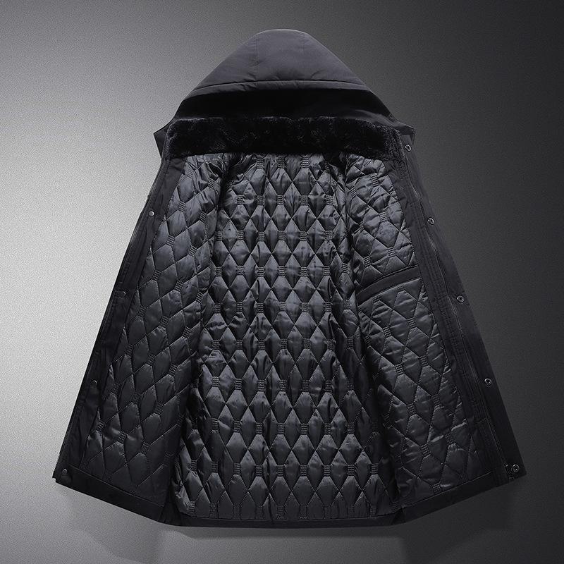 Męska kurtka zimowa średniej długości z kapturem i pluszową podszewką dla taty