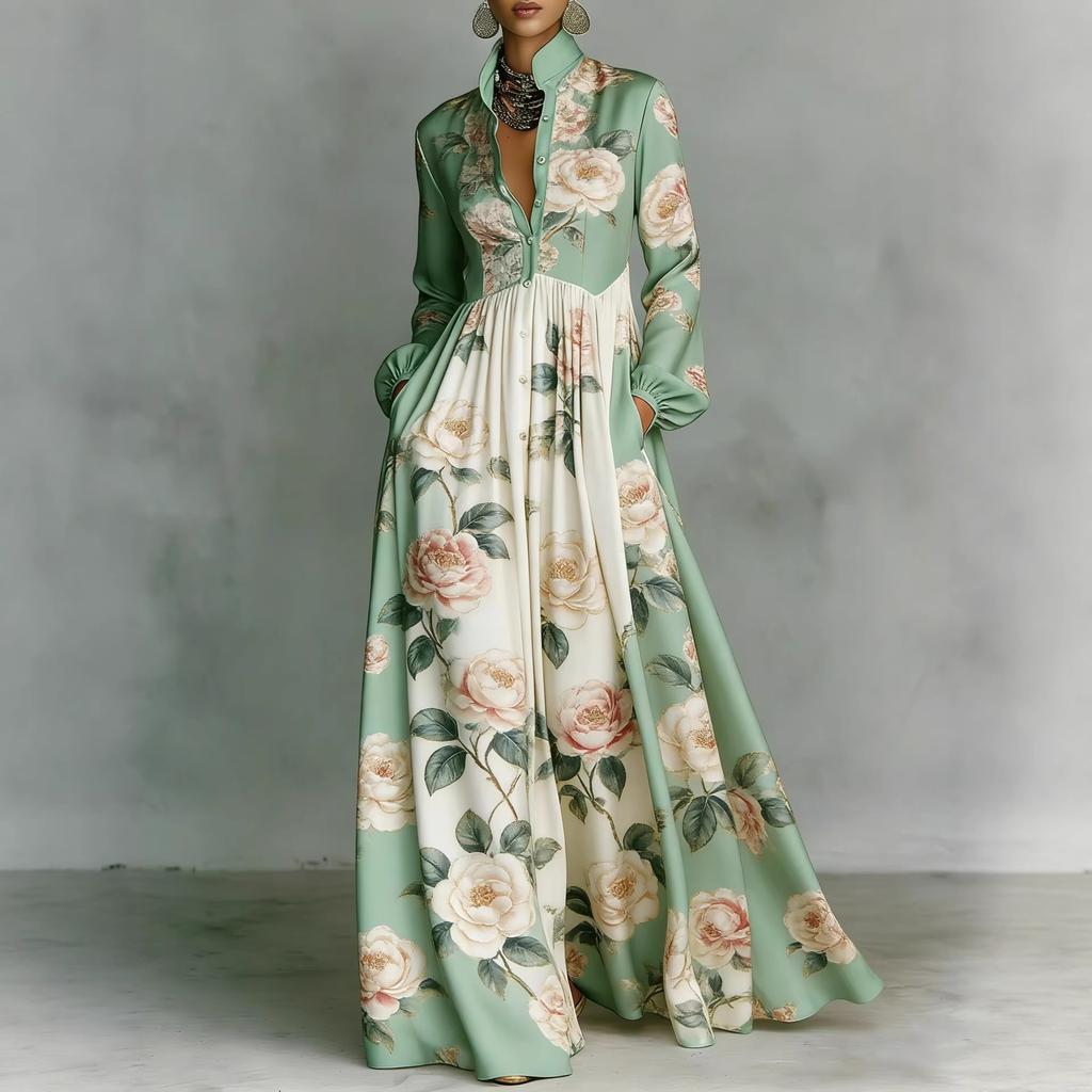 Cross-border European and American French Waist Slim Long-sleeved Printed Dress Elegant Retro Casual Dress Resort Style Women's Clothing