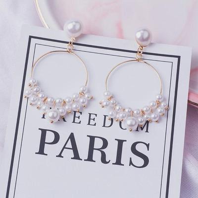 Dongdaemun Hollow Circle Long Pearl Tassel Earrings - Elegant, Simple Design for Women