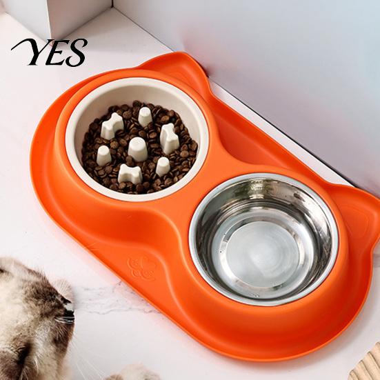 Slow Feeding Dog Bowl Double Bowls Pet Feeder, Feeder And Stainless Steel Bowl, Bone-shaped Spill-Proof Anti-Slip Water Food Set for Indoor Cats Dogs